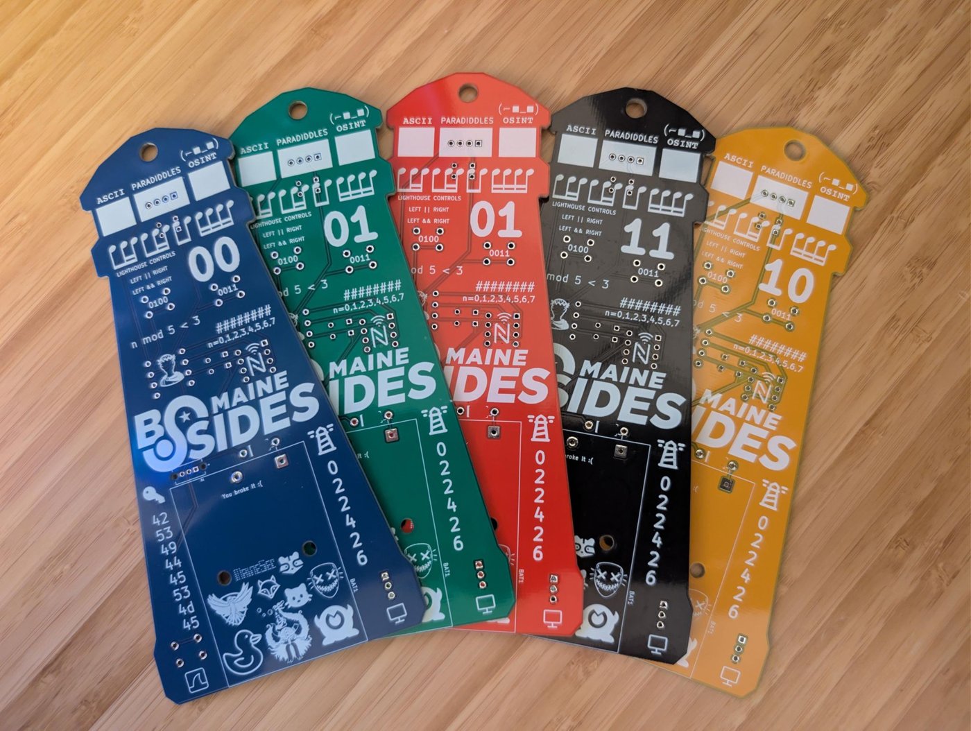 Five BSides Maine electronic badges fanned out, each a tall lighthouse-themed PCB in a different color (blue, green, red, black, gold), covered in puzzle challenges, circuit traces, and Maine iconography