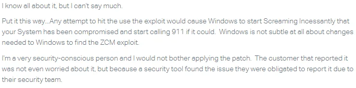 Support reply claiming Windows would scream and call 911, advising against patching