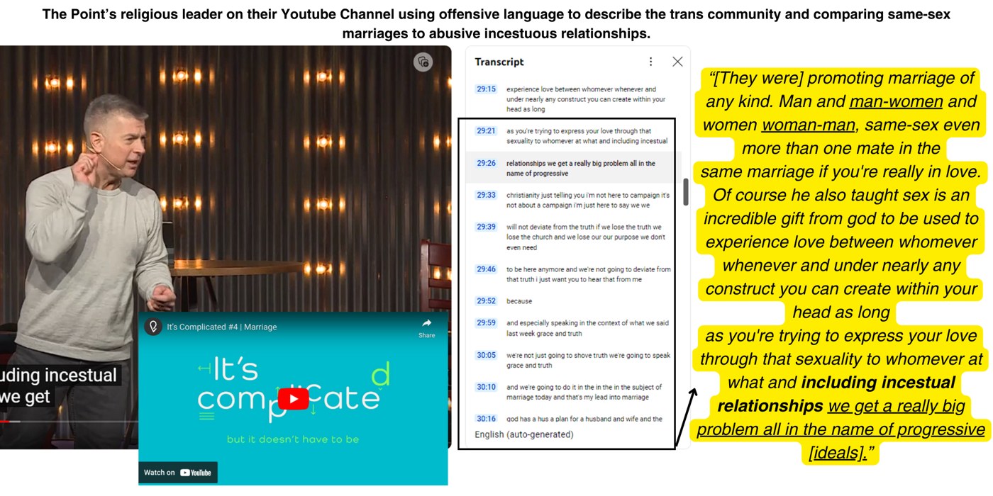 A screenshot of The Point's religious leader in a YouTube sermon titled 'It's Complicated #4: Marriage,' with the video's auto-generated transcript highlighted where he groups same-sex marriage with incestuous relationships. The caption states the leader used offensive language about the trans community and compared same-sex marriages to abusive incestuous relationships.