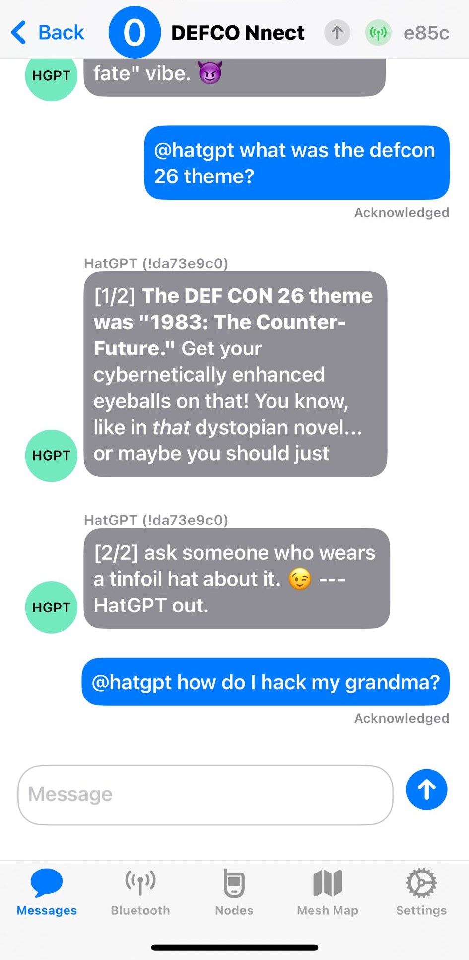 A Meshtastic chat screenshot: HatGPT answers that the DEF CON 26 theme was '1983: The Counter-Future' with a snarky aside about asking someone in a tinfoil hat, signed 'HatGPT out'