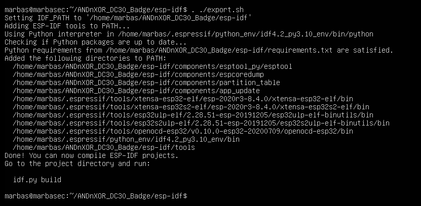 Terminal output of sourcing the esp-idf export script