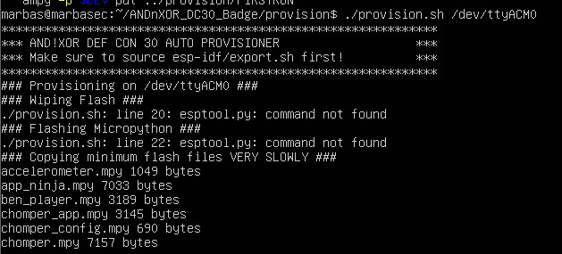 Terminal output of the provisioning script flashing mpy files to the watch
