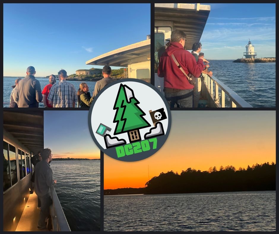 A four-photo collage from the annual DC207 hacker cruise on Casco Bay: attendees on the boat deck, a lighthouse, and a sunset over the water, with the DC207 pine-tree-and-skull logo in the center