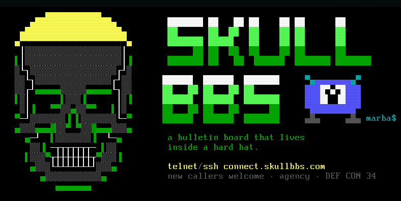 The SKULL BBS ANSI login screen: a green block-art skull in a yellow hard hat beside the words SKULL BBS, a small blue monster labeled marba$, and the taglines 'a bulletin board that lives inside a hard hat', 'telnet/ssh connect.skullbbs.com', and 'new callers welcome · agency · DEF CON 34'.