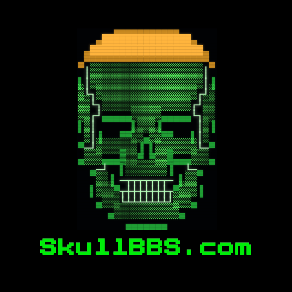 The SKULL BBS logo: a green ANSI-block skull wearing an amber hard hat, over the text skullbbs.com