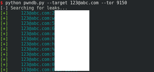 Terminal output of pwndb.py searching 123@abc.com, listing leaked credentials with passwords masked