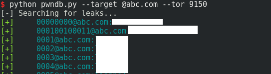 Terminal output of pwndb.py searching the abc.com domain, listing leaked accounts with passwords masked